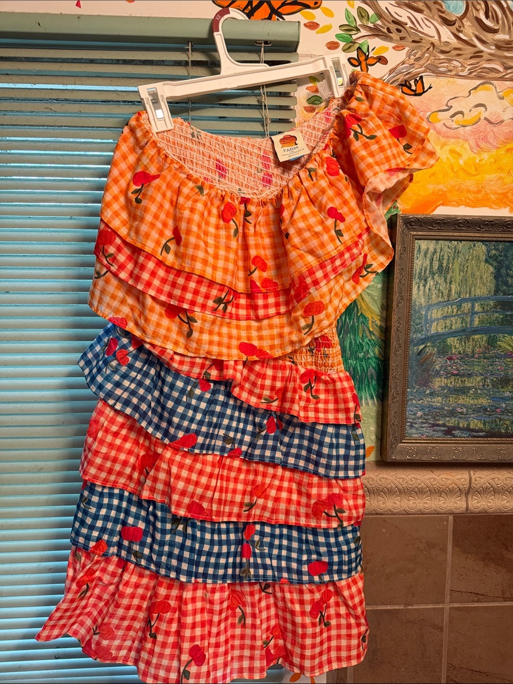 FARM Rio One-Shoulder Gingham Tiered Dress in Orange, Blue, Red
